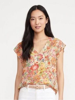 Anthro CYNTHIA ROWLEY tropical print flutter sleeve blouse size small